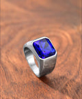 Large Blue Gemstone Signet Ring – Waterproof Silver Jewelry for Men