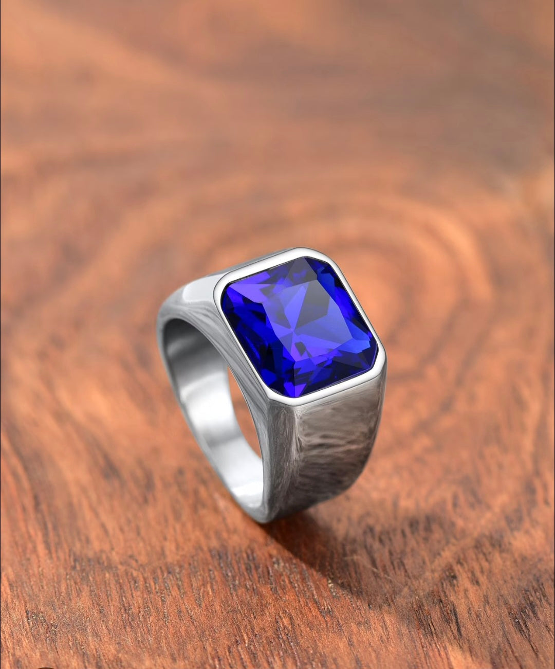 Large Blue Gemstone Signet Ring – Waterproof Silver Jewelry for Men