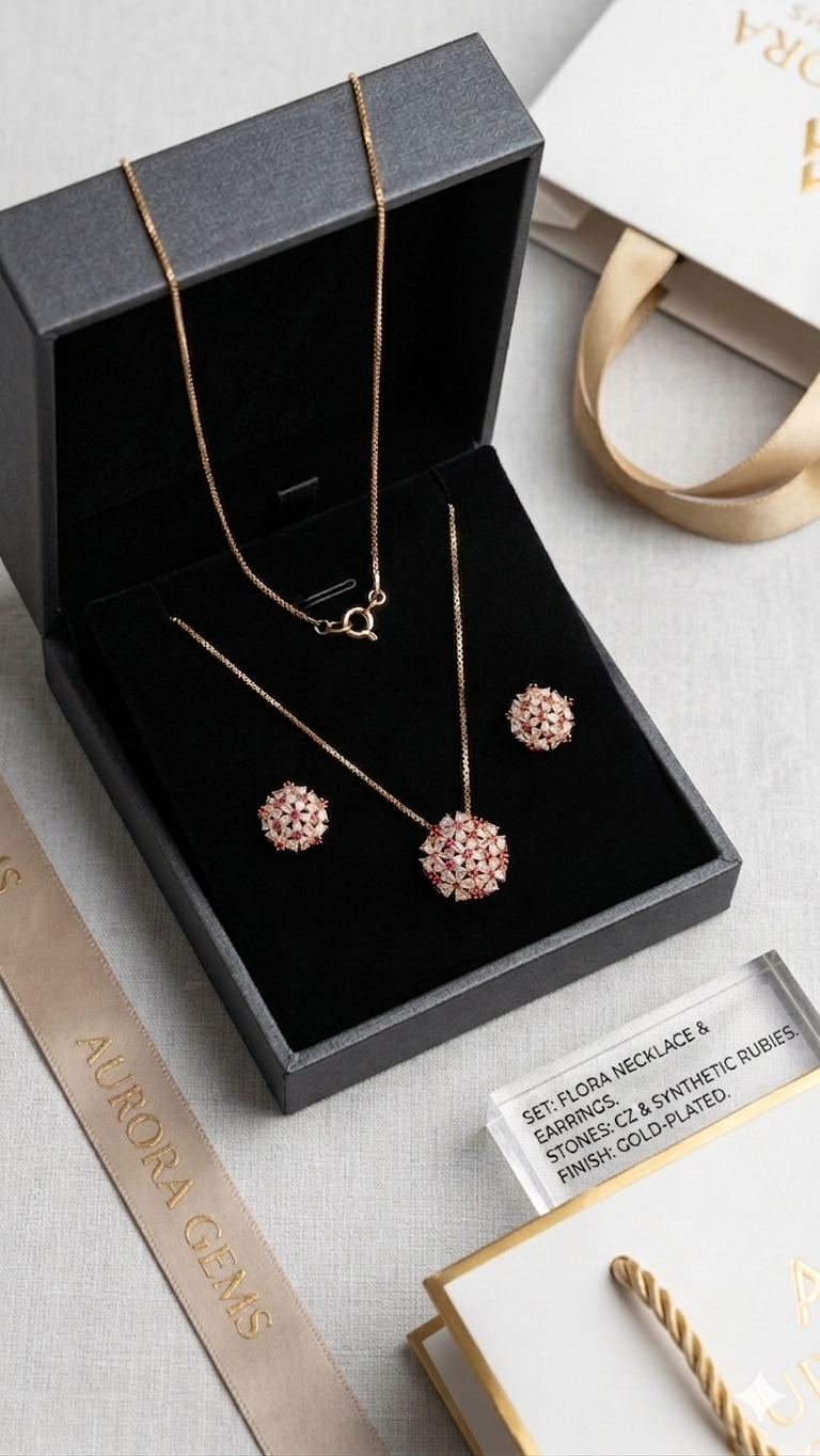 Aurora Gems "Flora Blossom" Set – 1k Gold Plated Ruby & CZ Necklace and Earrings