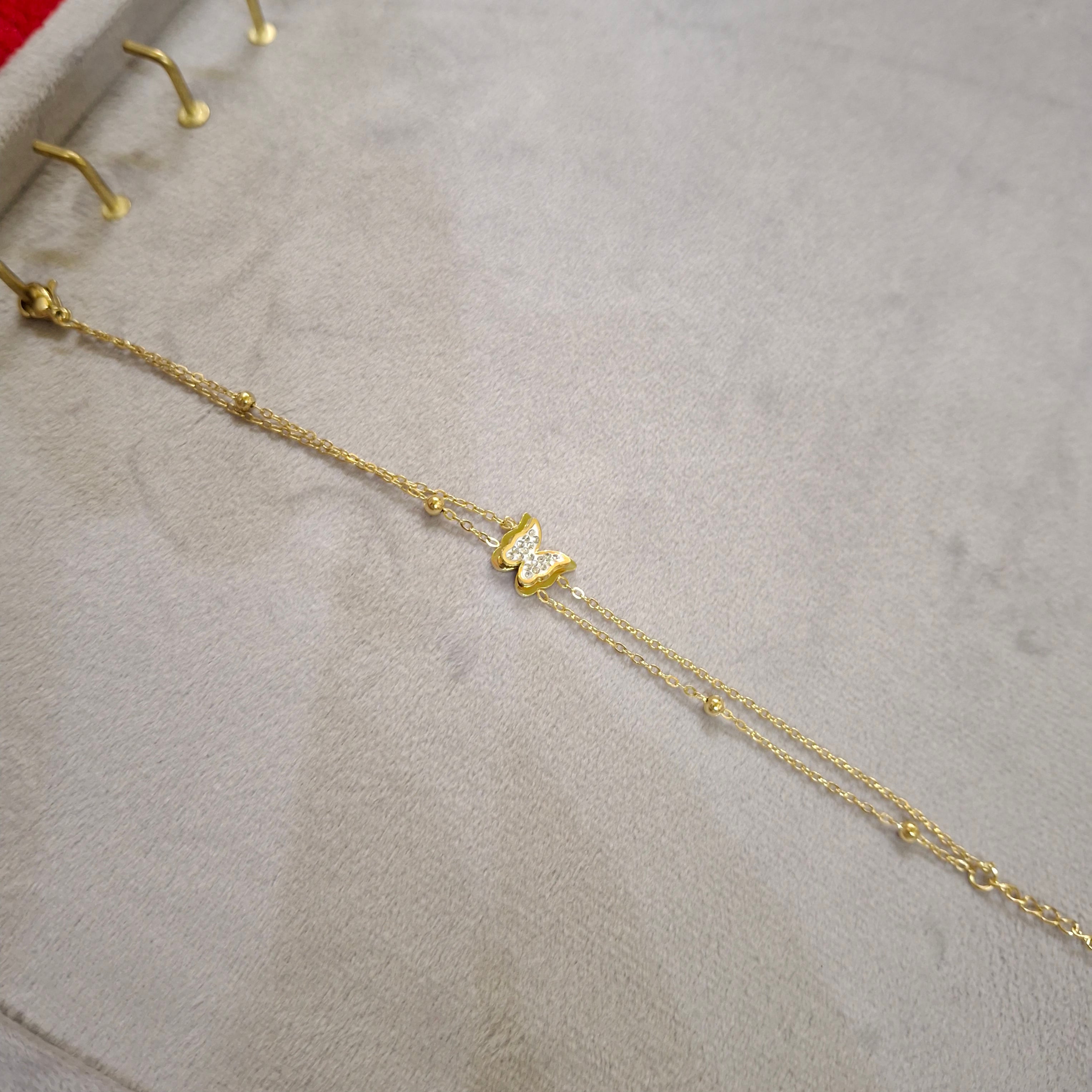 1k Gold Plated Diamond Butterfly Double-Chain Bracelet