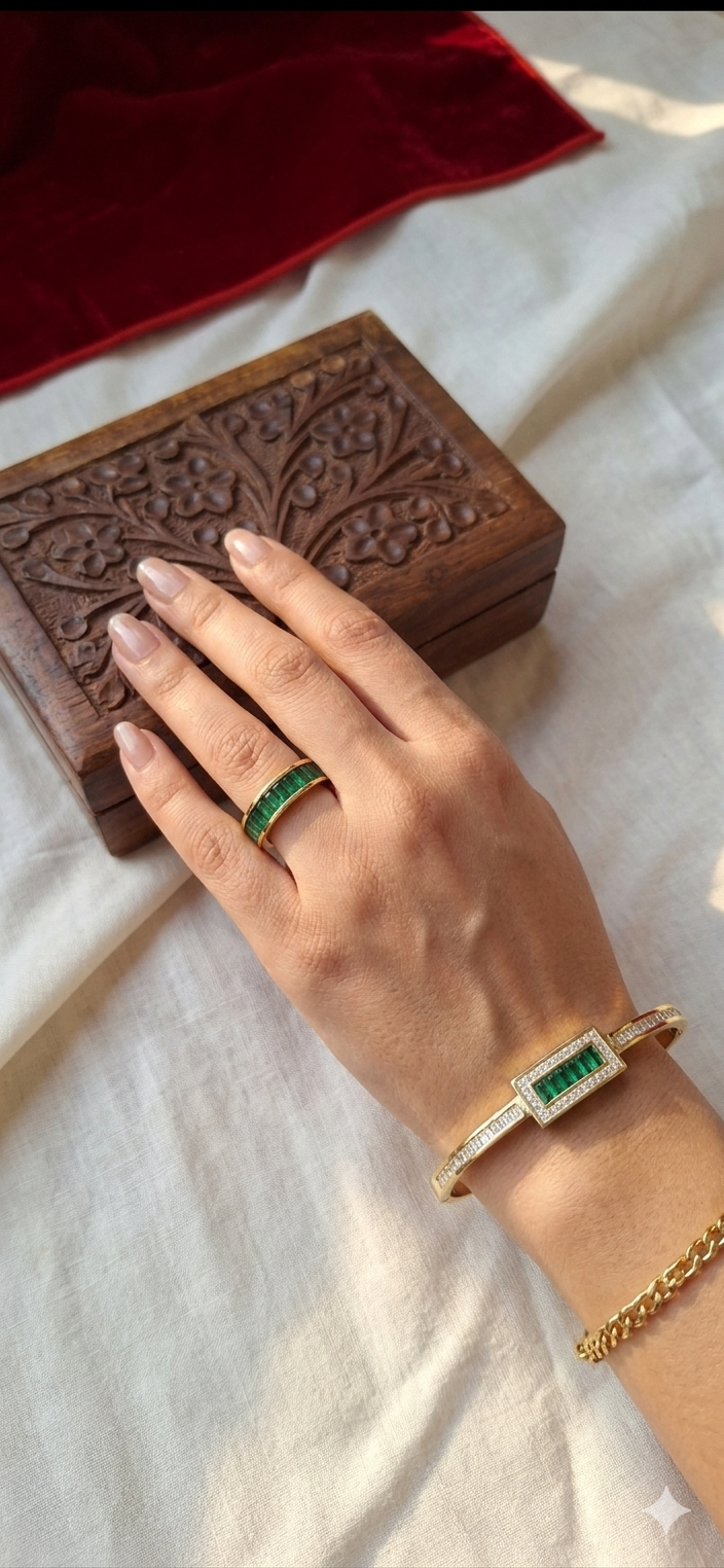 Regal Emerald and Stone-Accent Bangle and Ring Set