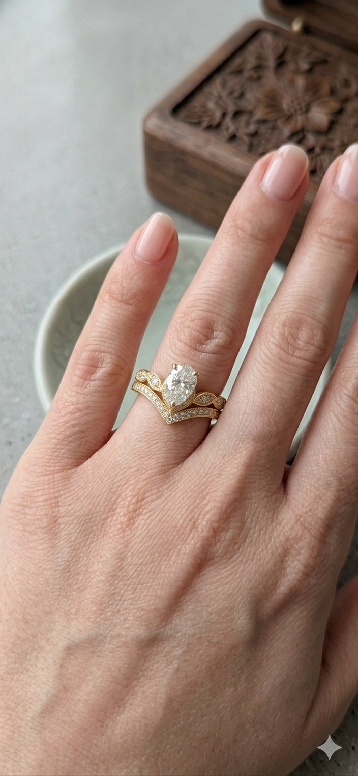 Real zarqoon stone Pear-Cut Diamond Matching Chevron Band Set