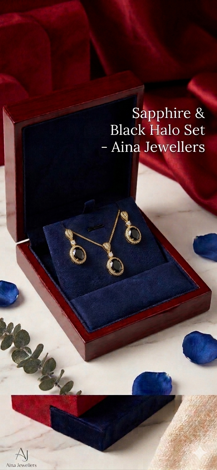 Midnight Elegance: Sapphire & Black Halo Pendant and Earring Set