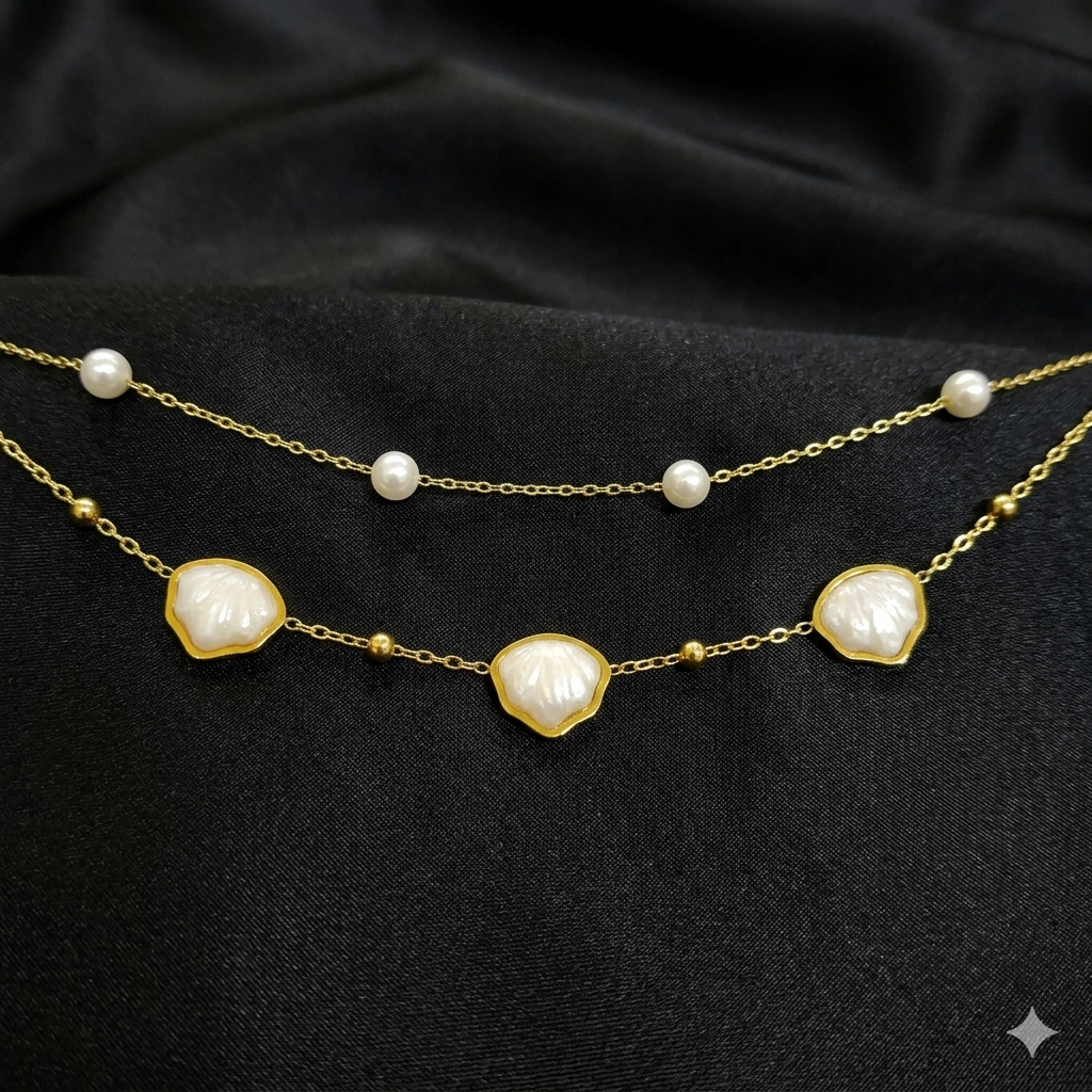 Oceanic Pearl & Seashell Layered Gold Bracelet