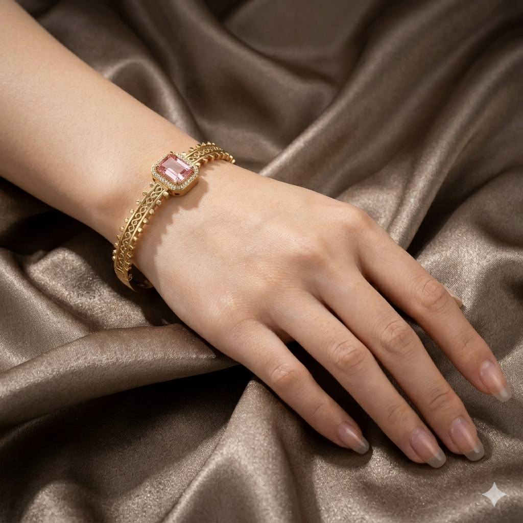 1K Yellow Gold Filigree Bangle with Emerald-Cut Morganite & Diamond Halo
