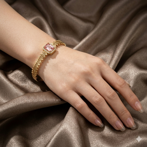 1K Yellow Gold Filigree Bangle with Emerald-Cut Morganite & Diamond Halo