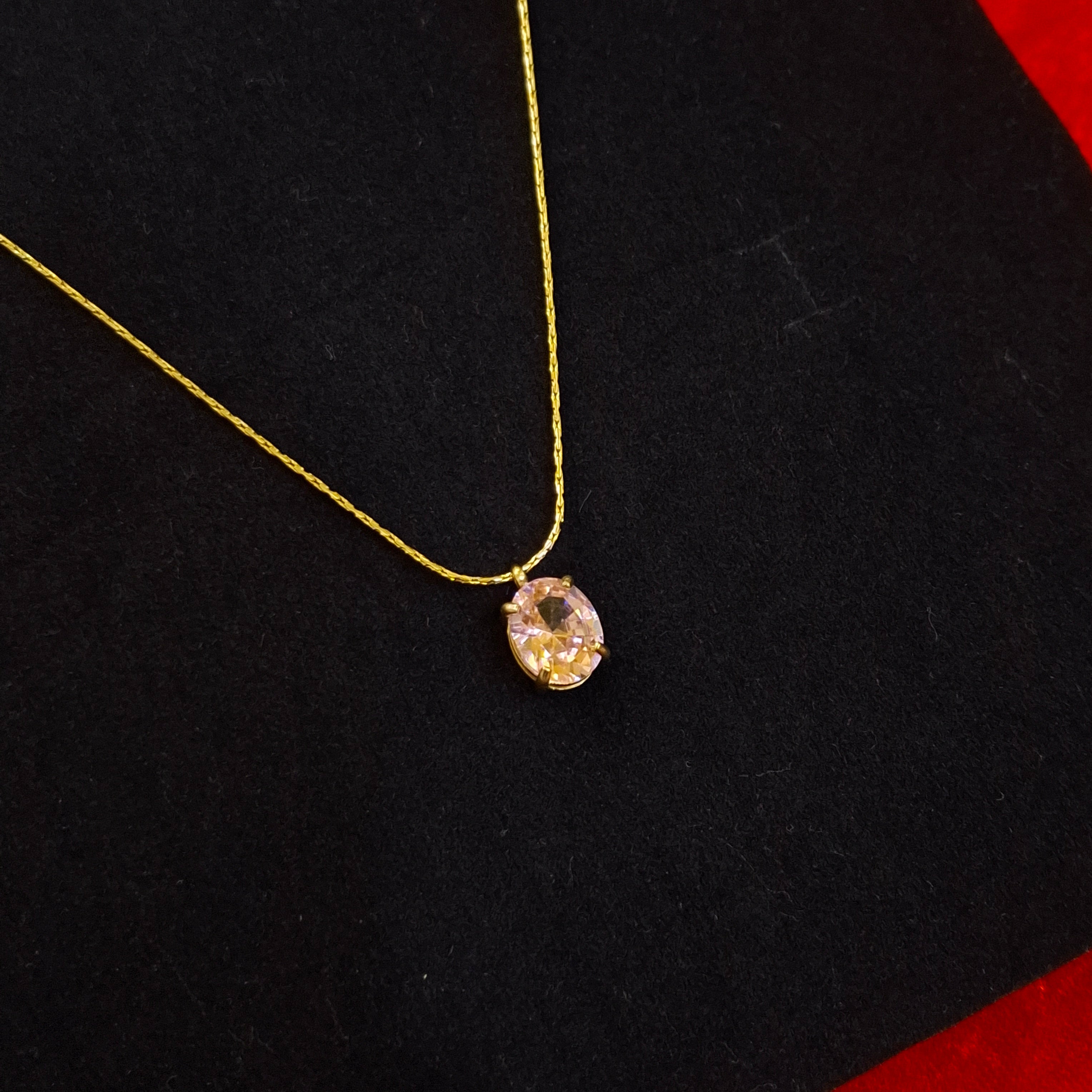 Champagne Solitaire Oval Crystal Necklace in Gold Finish