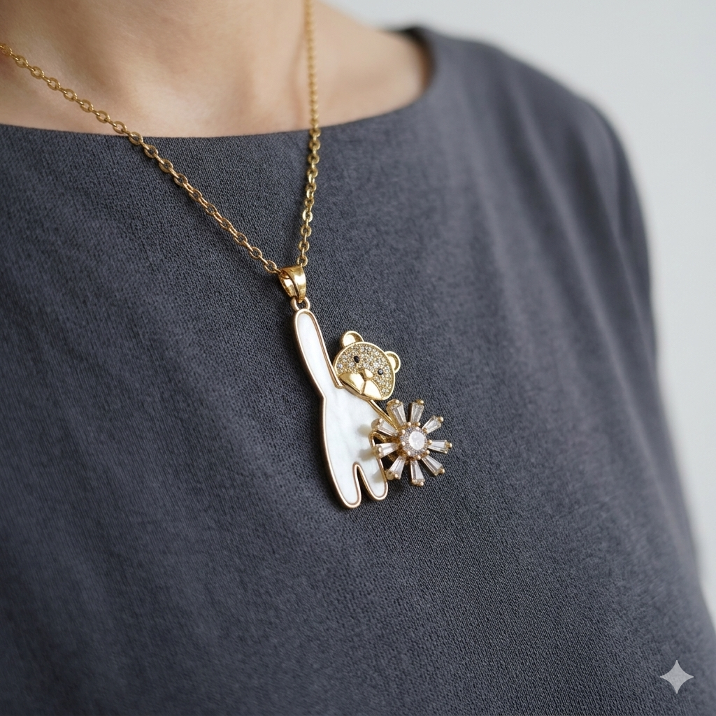 Mother-of-Pearl Teddy Bear & Sunburst Flower Pendant