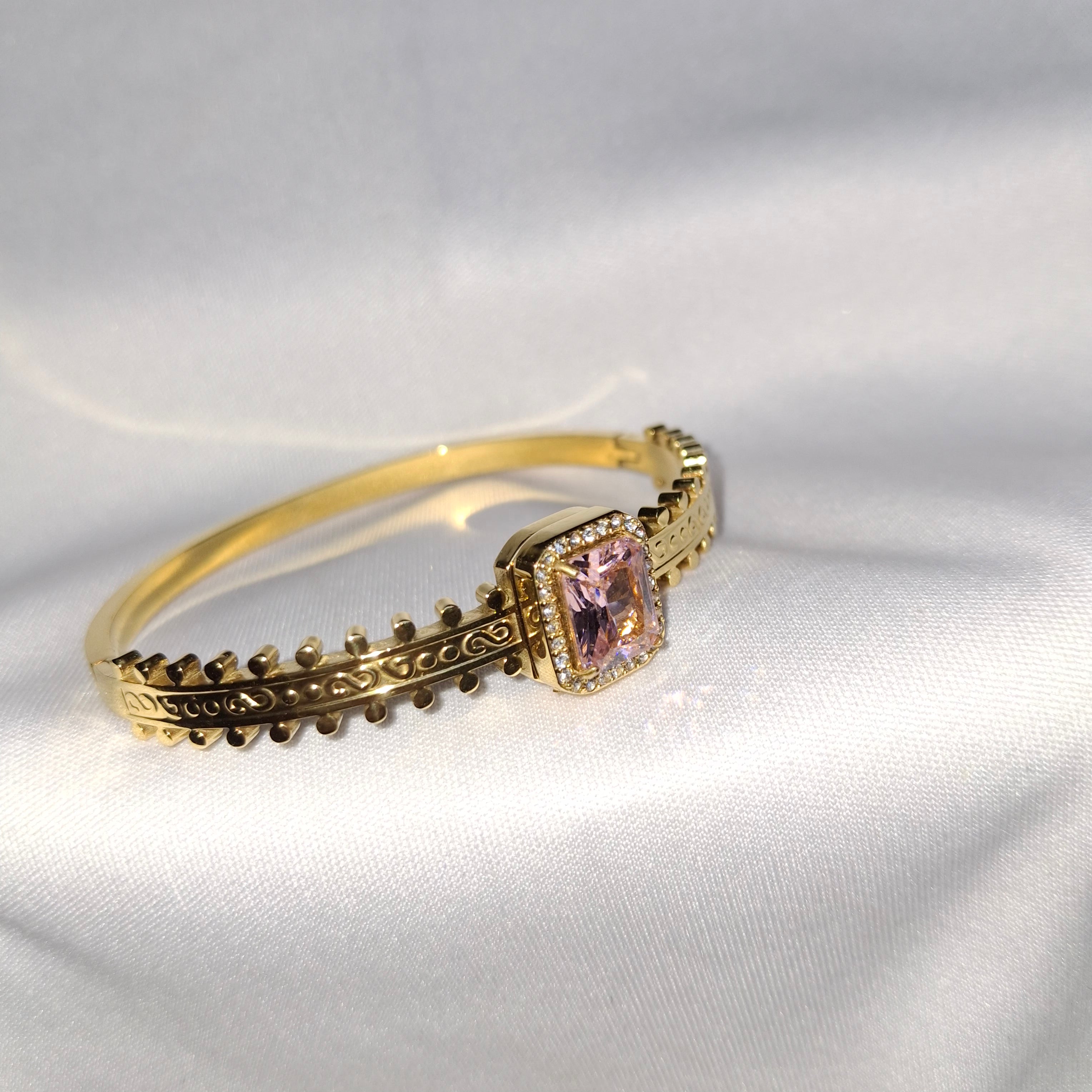 1K Yellow Gold Filigree Bangle with Emerald-Cut Morganite & Diamond Halo