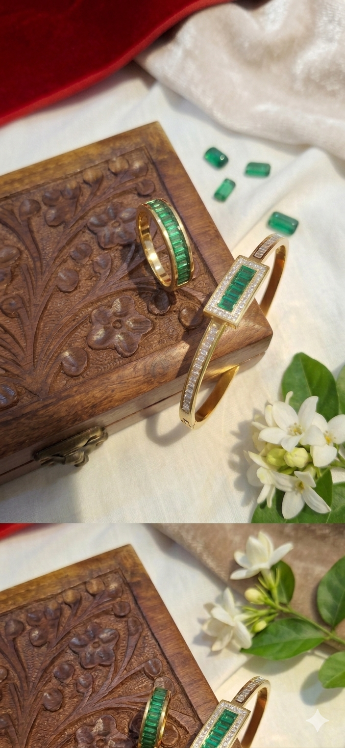 Regal Emerald and Stone-Accent Bangle and Ring Set