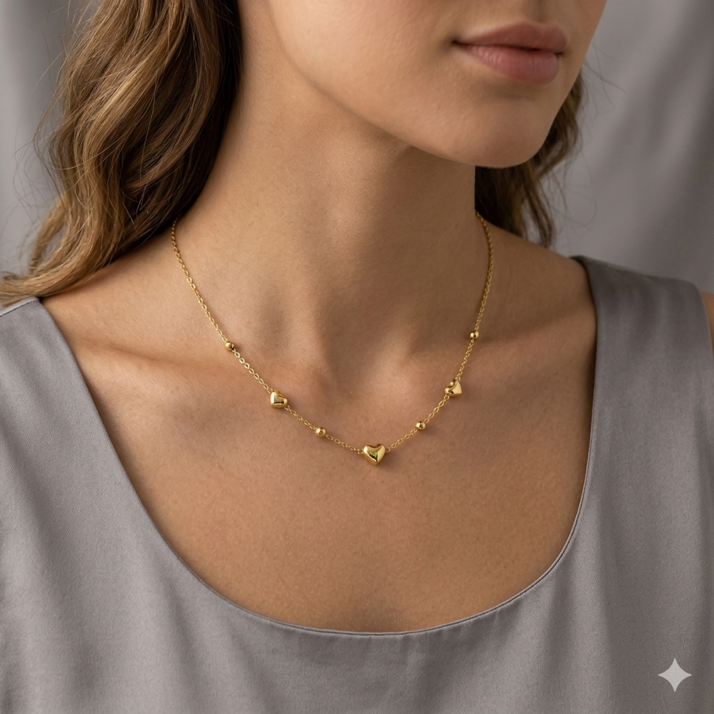Golden Hearts & Beads Dainty Station Necklace