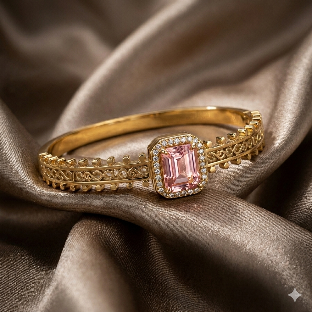 1K Yellow Gold Filigree Bangle with Emerald-Cut Morganite & Diamond Halo