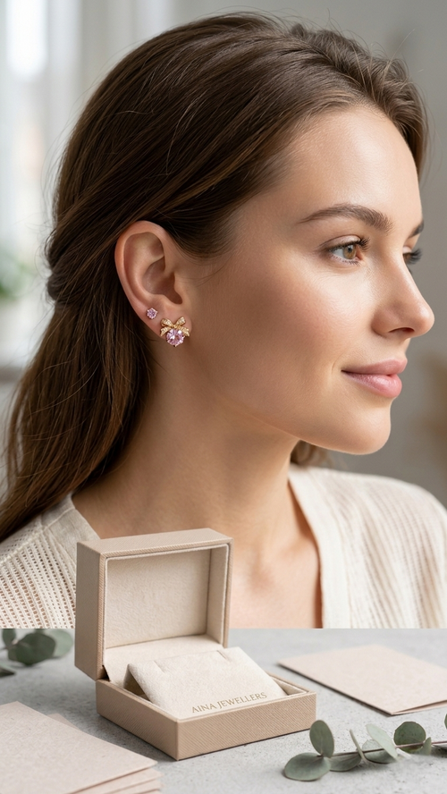 Elegant Pink Gemstone Bow Earrings – Dainty Sparkling Ribbon Studs