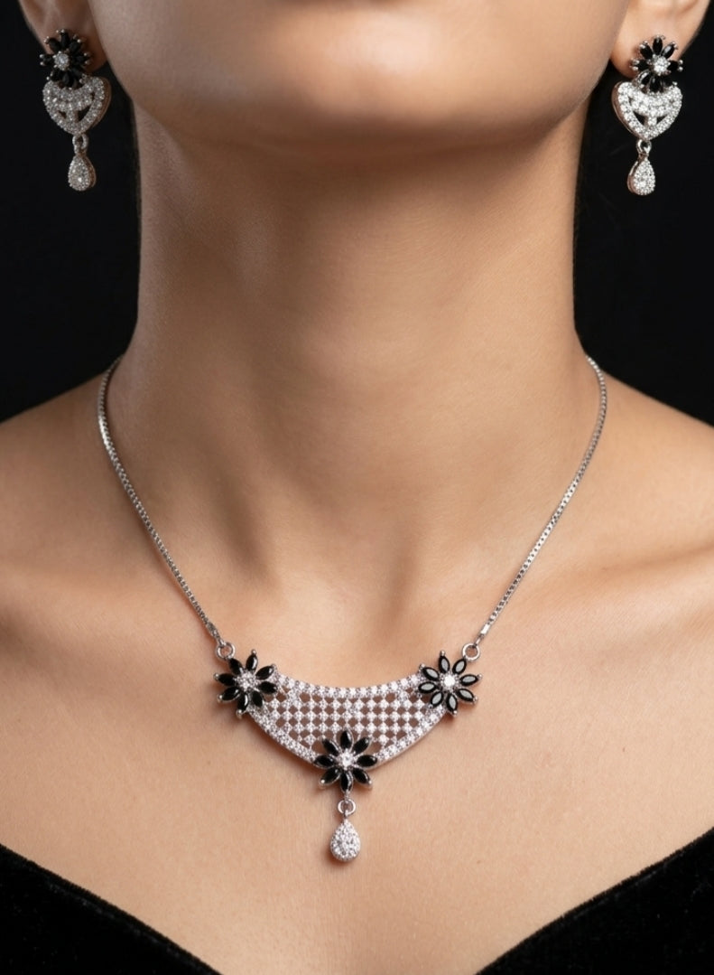 Black Floral & Cubic Zirconia Teardrop Set