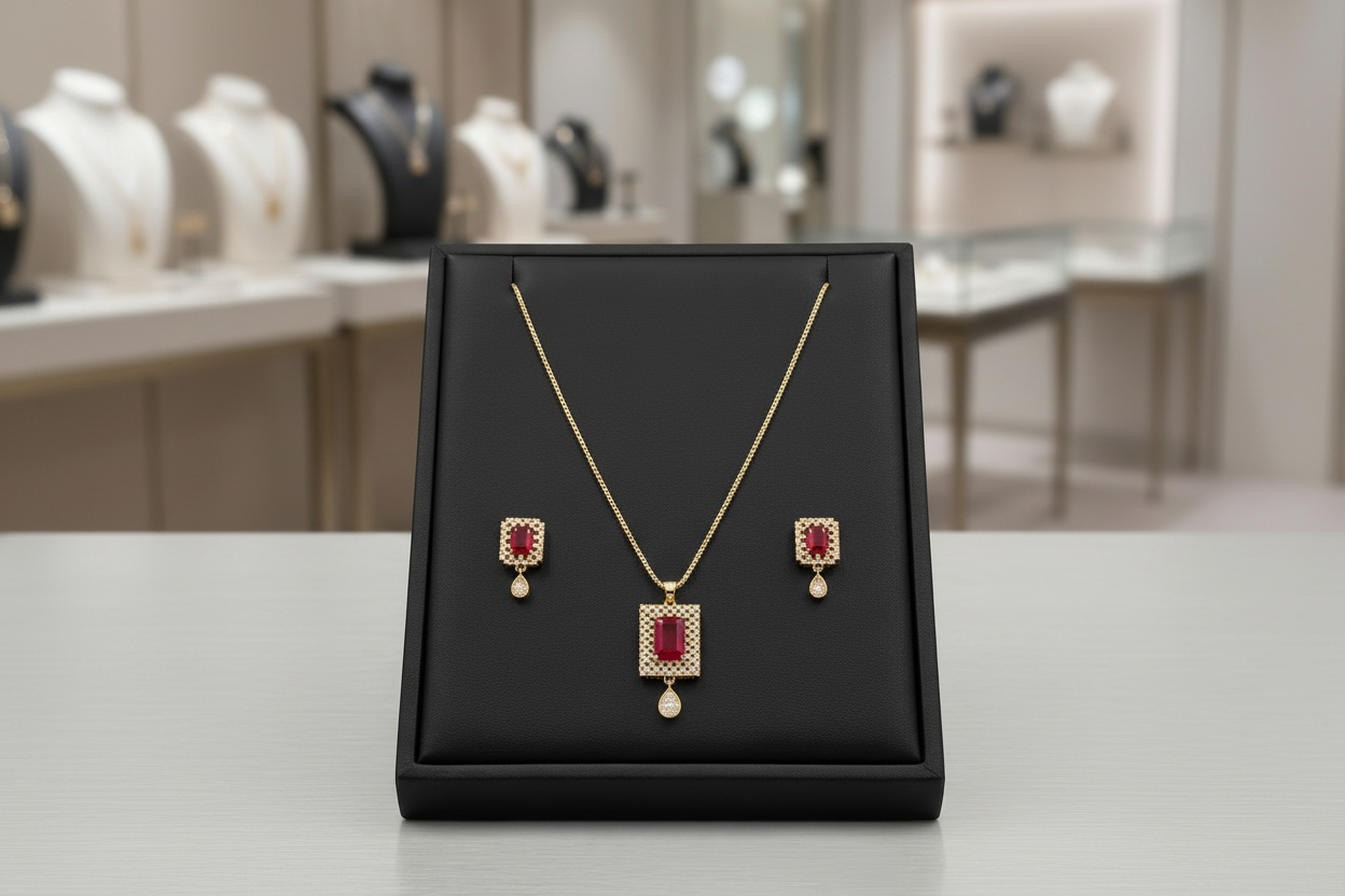 Majestic Crimson Radiance: Emerald-Cut Ruby & Gold Halo Jewelry Set