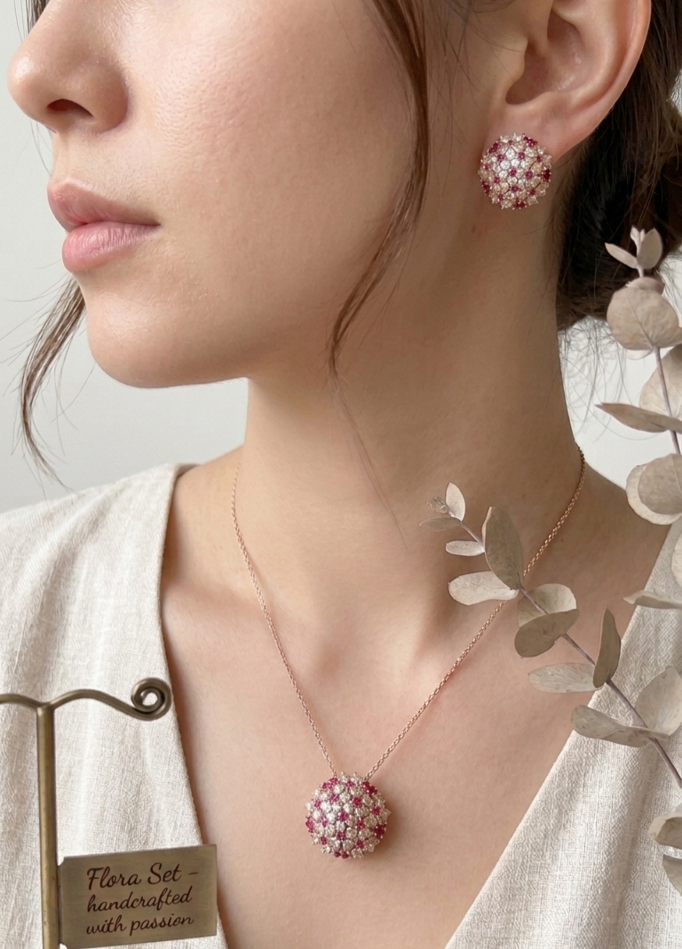 Aurora Gems "Flora Blossom" Set – 1k Gold Plated Ruby & CZ Necklace and Earrings