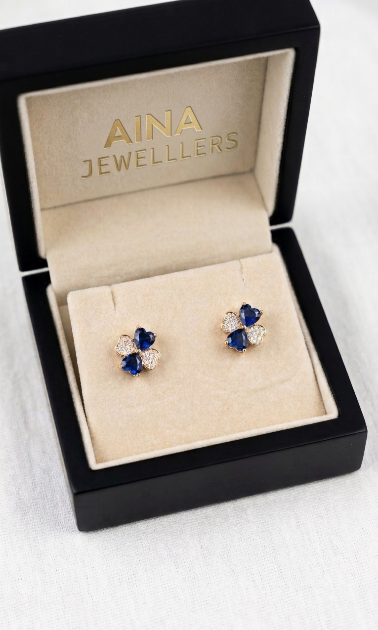 Elegant Midnight Sapphire Clover Studs – Gold-Plated Luck & Love Earrings