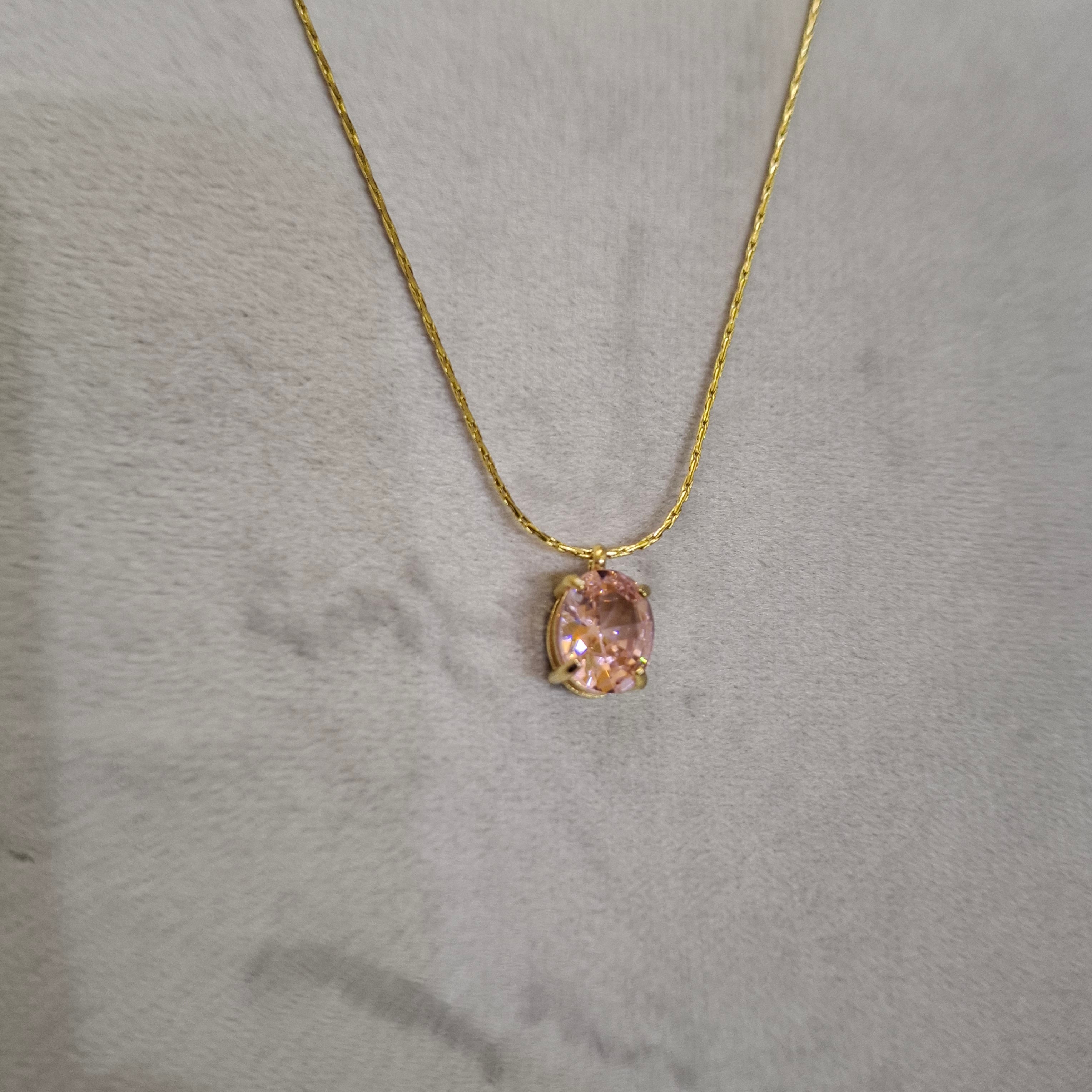 Champagne Solitaire Oval Crystal Necklace in Gold Finish