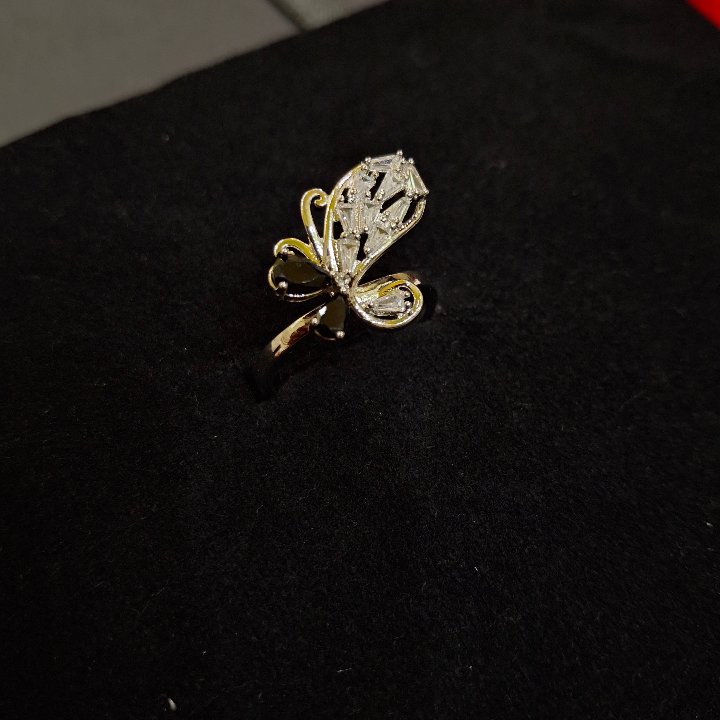 Crystal Monarch: Gold-Plated Butterfly Statement Ring by Aina Jewellers