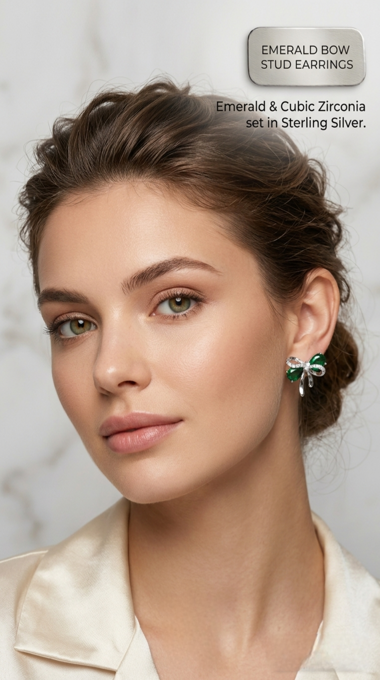 Emerald Green & Shimmering Crystal Bow Stud Earrings