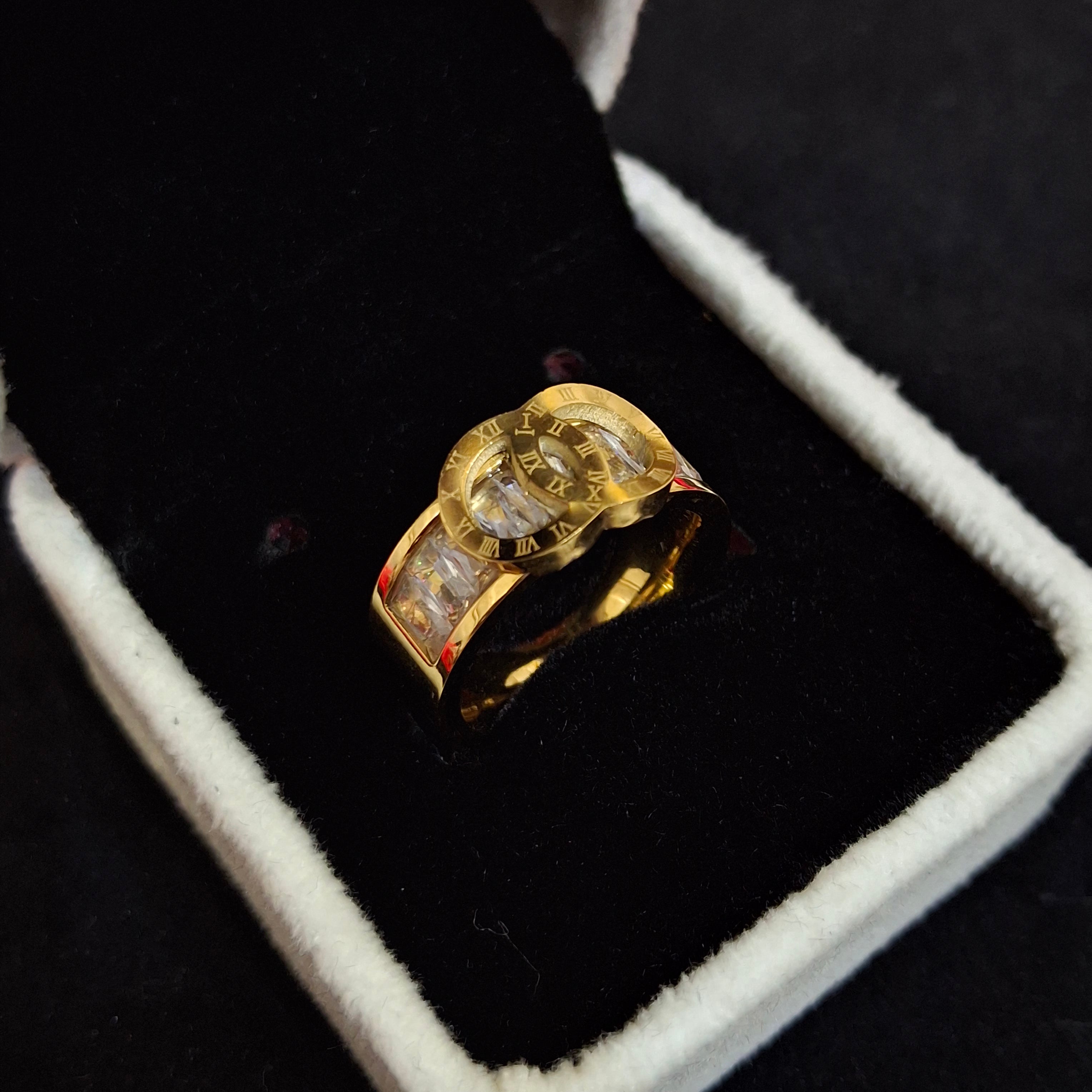 Interlocked Roman Numeral Baguette Ring