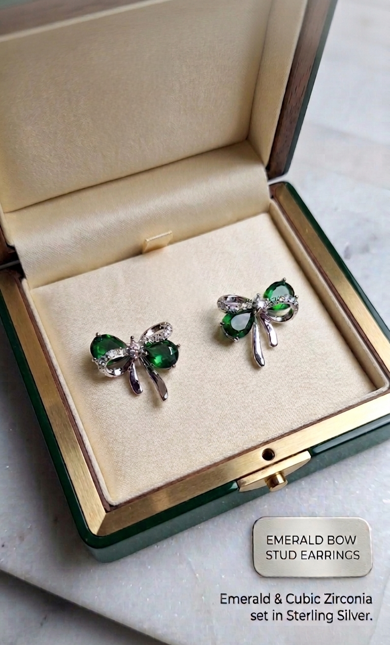 Emerald Green & Shimmering Crystal Bow Stud Earrings