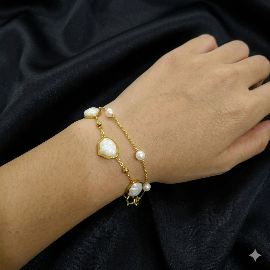 Oceanic Pearl & Seashell Layered Gold Bracelet