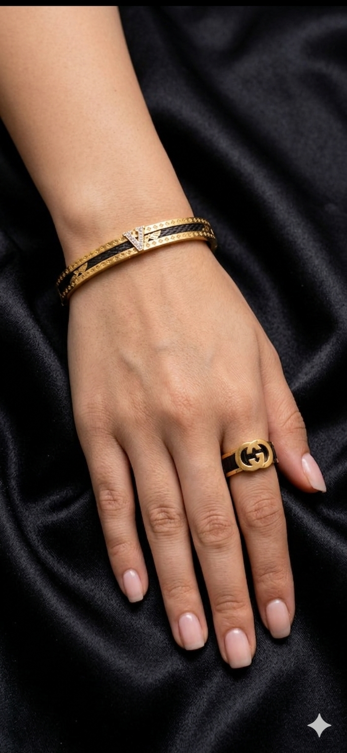 Luxe Contrast: Geometric Bangle & Emblem Ring Duo