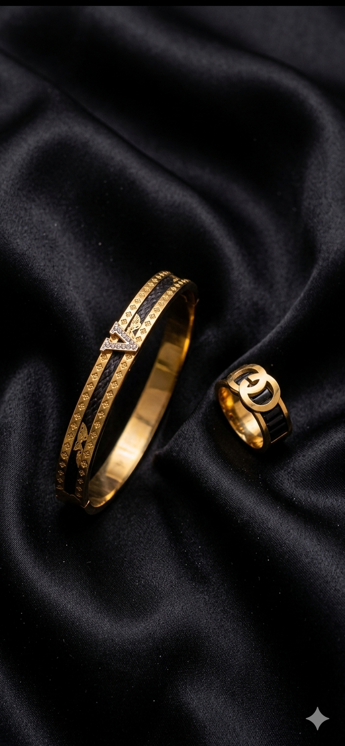 Luxe Contrast: Geometric Bangle & Emblem Ring Duo