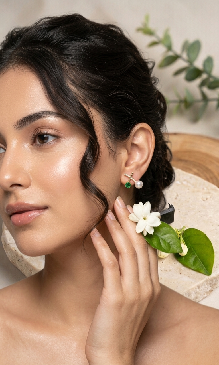 Emerald & Pearl Crossover "X" Drop Earrings