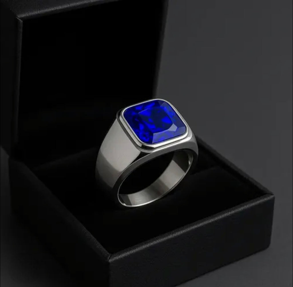 Large Blue Gemstone Signet Ring – Waterproof Silver Jewelry for Men