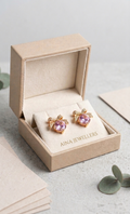 Elegant Pink Gemstone Bow Earrings – Dainty Sparkling Ribbon Studs