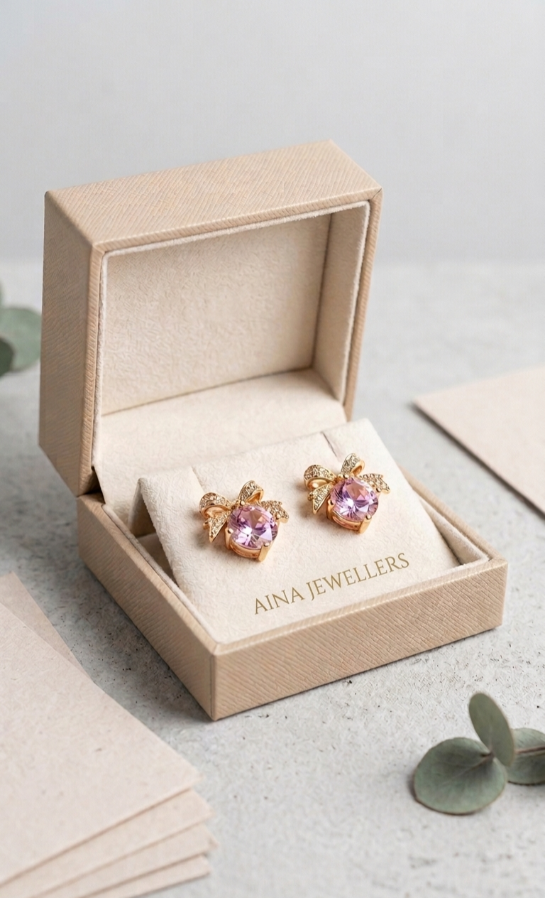 Elegant Pink Gemstone Bow Earrings – Dainty Sparkling Ribbon Studs