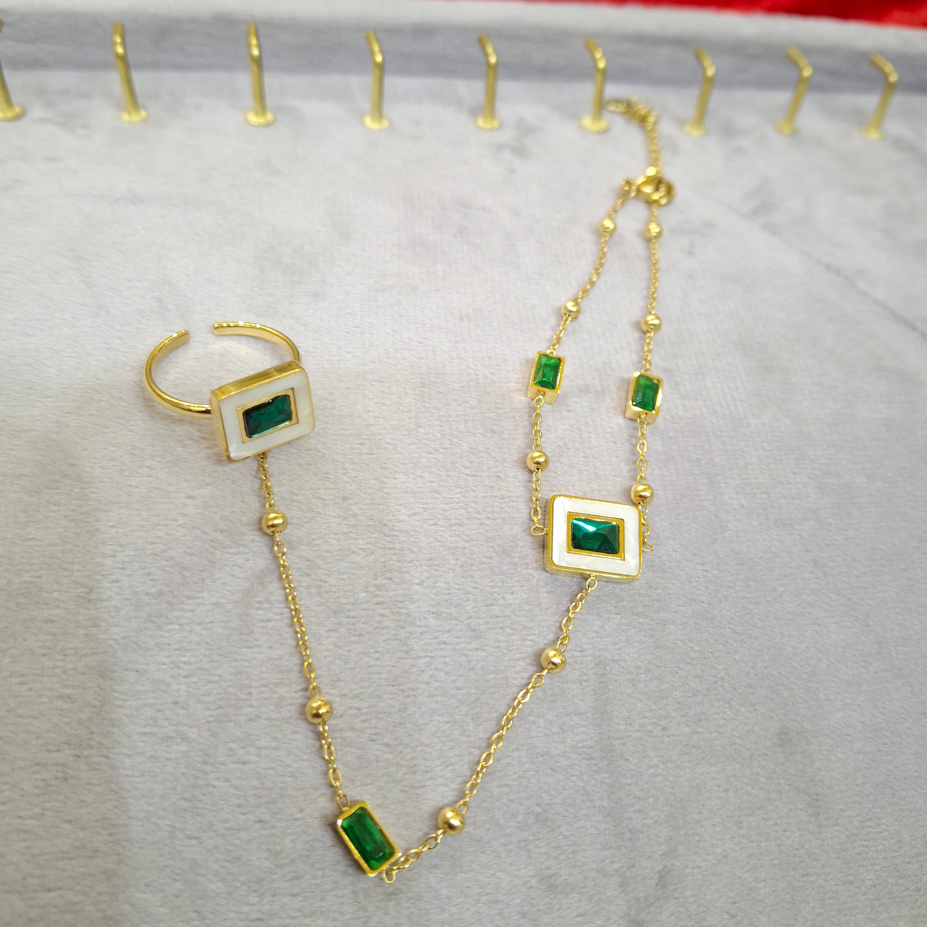 Emerald and Mother-of-Pearl Slave Bracelet and Ring Set