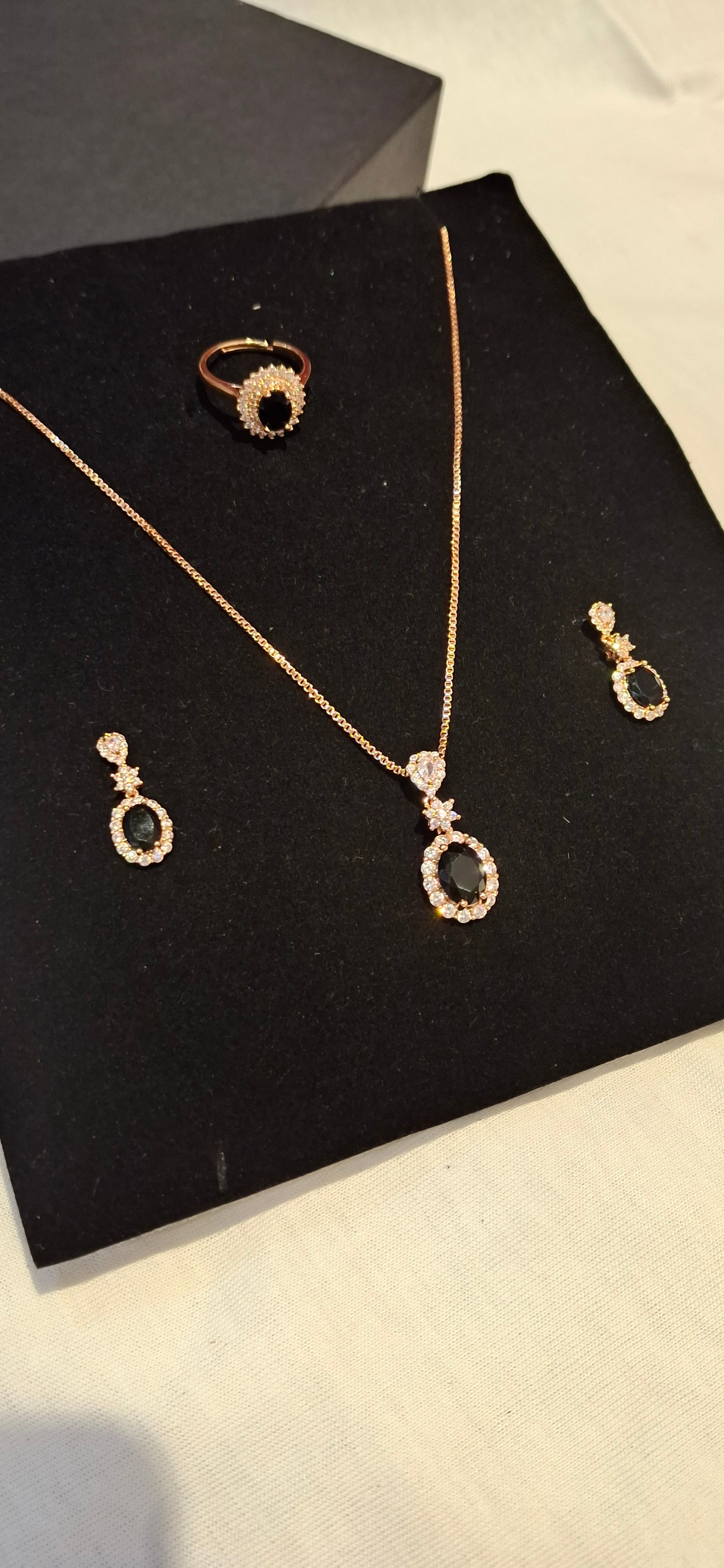 Midnight Elegance: Sapphire & Black Halo Pendant and Earring Set