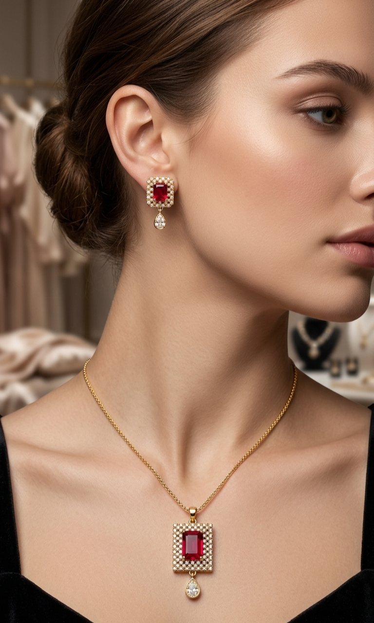 Majestic Crimson Radiance: Emerald-Cut Ruby & Gold Halo Jewelry Set