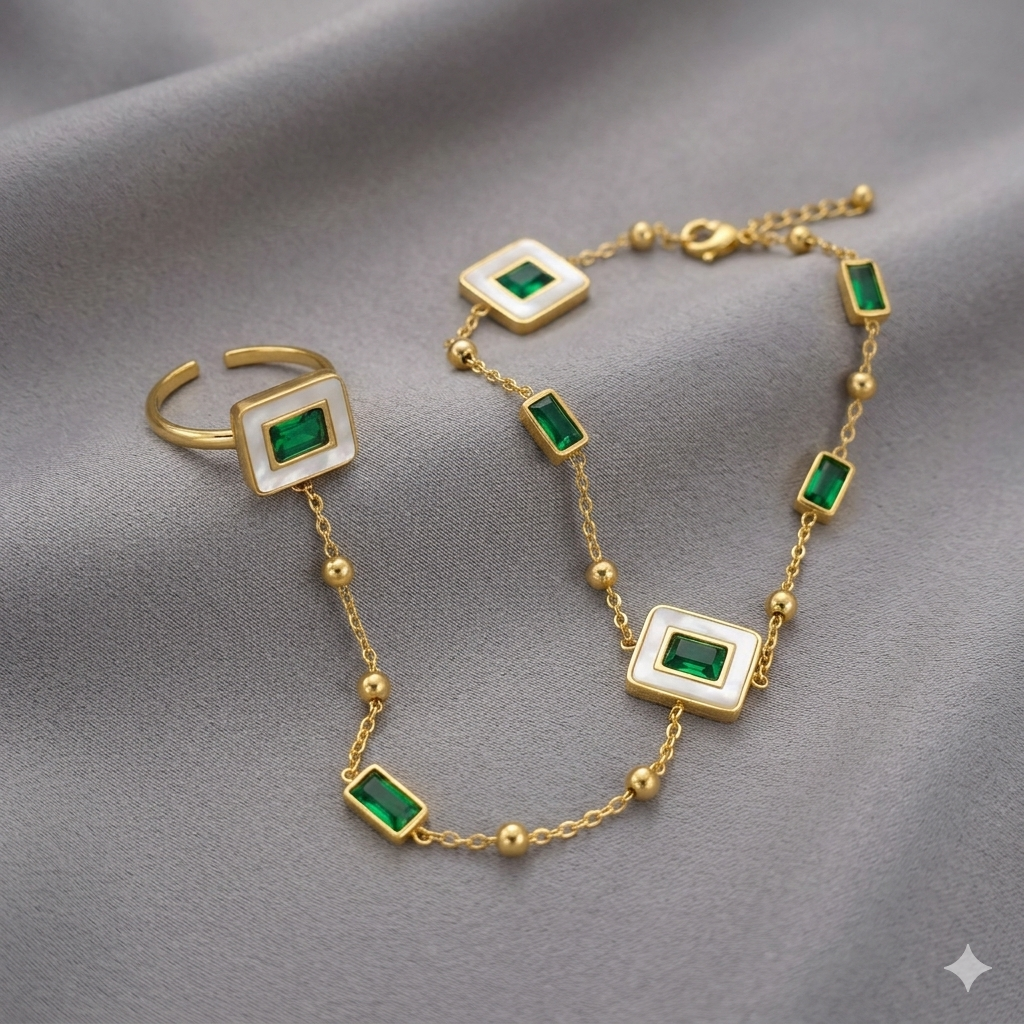 Emerald and Mother-of-Pearl Slave Bracelet and Ring Set