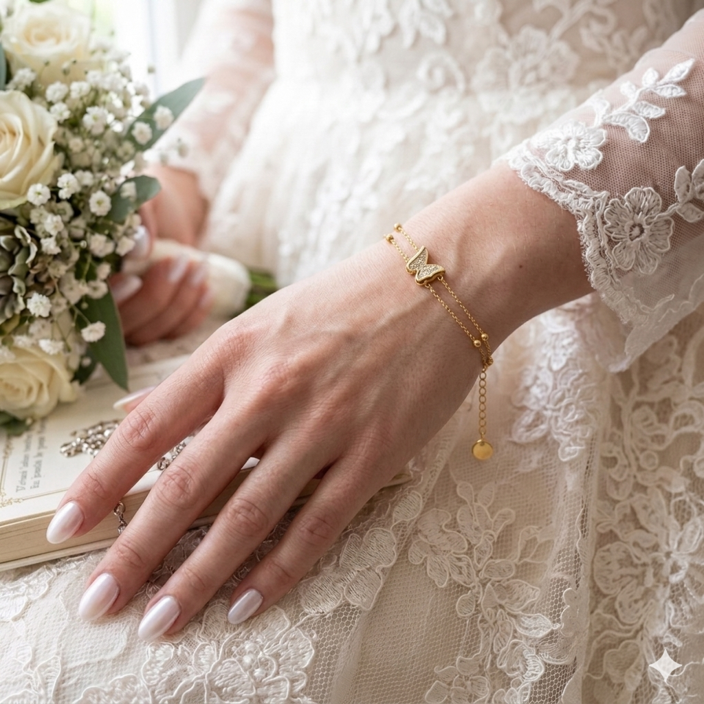 1k Gold Plated Diamond Butterfly Double-Chain Bracelet