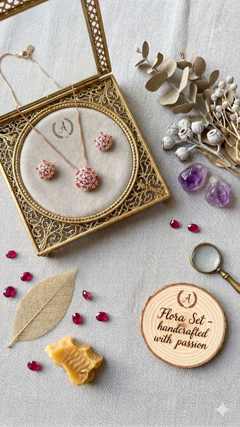 Aurora Gems "Flora Blossom" Set – 1k Gold Plated Ruby & CZ Necklace and Earrings